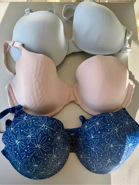 Warner's Trio Bra Set in Blue, Blush & Navy Floral. All are 34D.